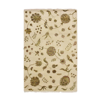 6'X9' Bone White Hand Knotted Botanical Design Wool And Silk Oriental Rug