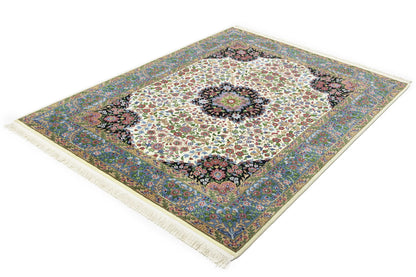 Handmade Kirman Oriental Rug Cream & Blue Floral