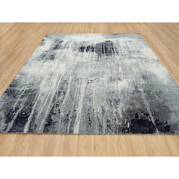 10'X10' Black Abstract Design Wool And Silk Hand Knotted Square Rug