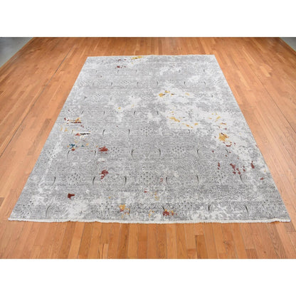 8'9"X11'10" Gray Hand Knotted Modern Broken Design Wool And Silk Rug
