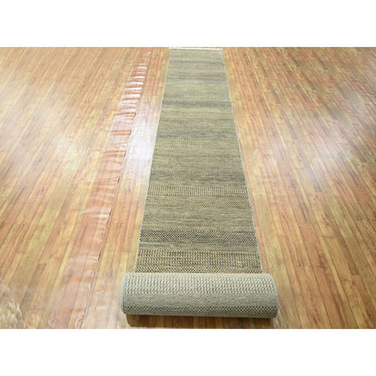 2'7"X20'4" Brown Modern Grass Design Hand Knotted Wool & Silk Runner Rug