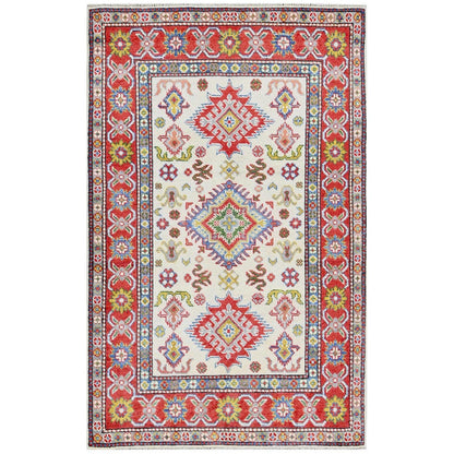 3'2"X5'3" White Hand Knotted Kazak Geometric Medallions Design All Wool Rug