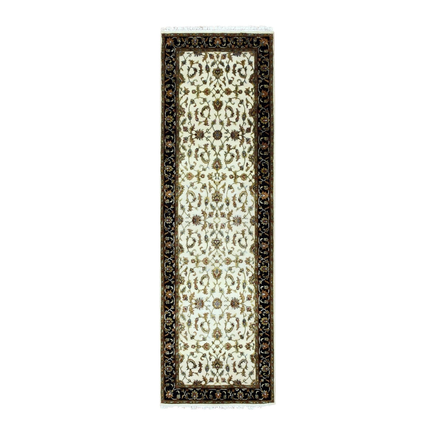 2'6"X8'2" Ivory Wool And Silk Hand Knotted Rajasthan Design Runner Rug