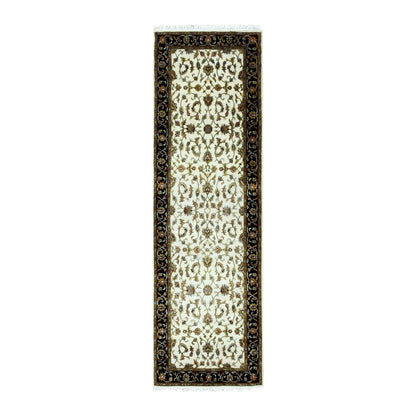 2'6"X8'2" Ivory Wool And Silk Hand Knotted Rajasthan Design Runner Rug
