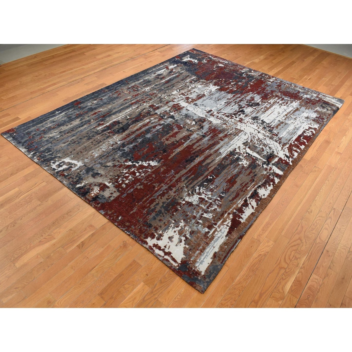 9'X12'2" Red Wool And Silk Abstract Paint Brush Design Hand Knotted Rug