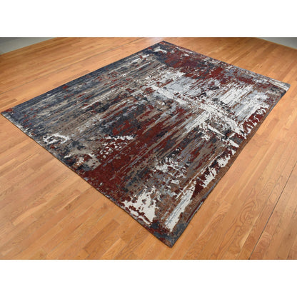 9'X12'2" Red Wool And Silk Abstract Paint Brush Design Hand Knotted Rug