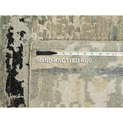 4'X6' Silver, Blue Wool And Silk Modern Abstract Design Hand Knotted Rug