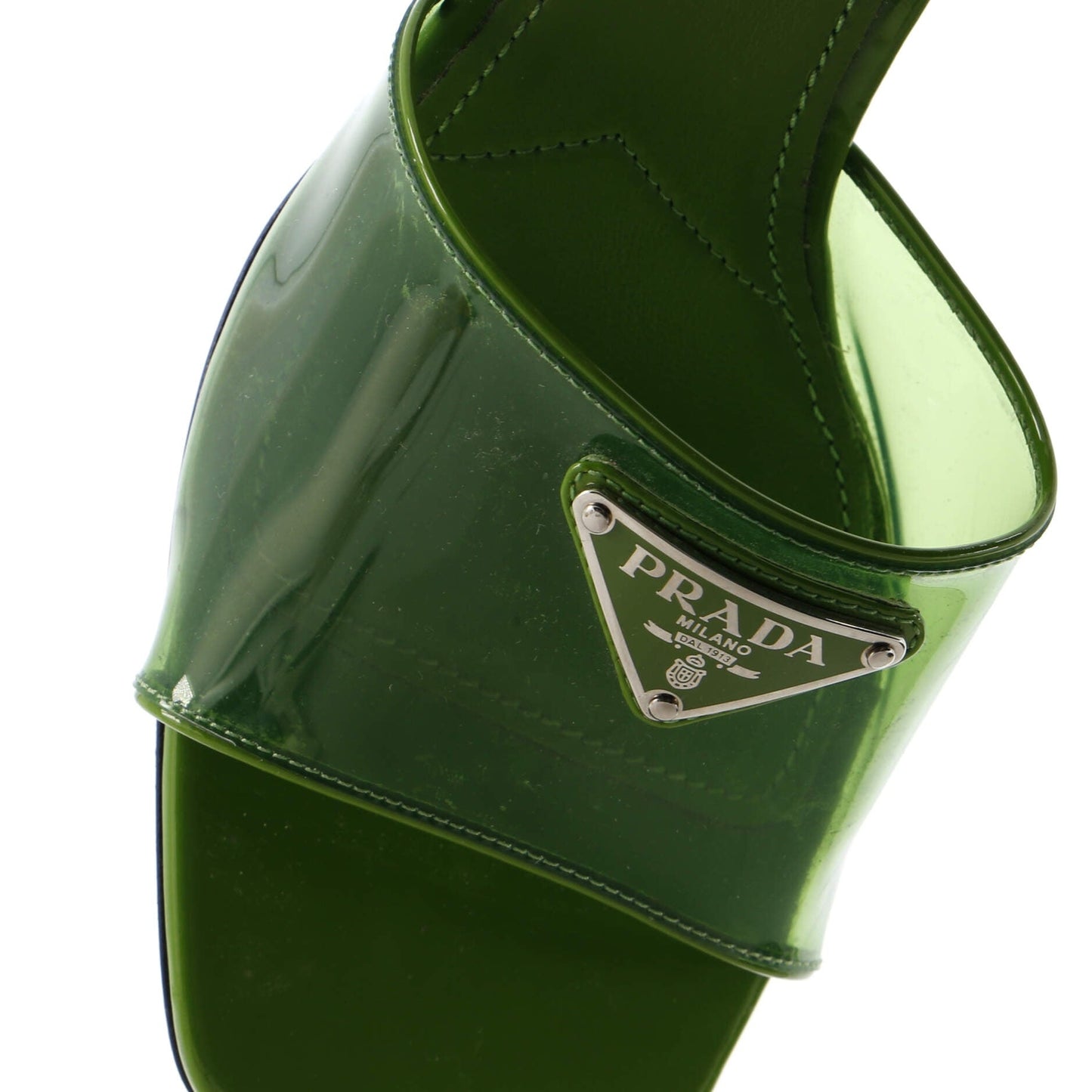 Prada Women'S Triangle Logo Kitten Heeled Sandals Pvc With Patent