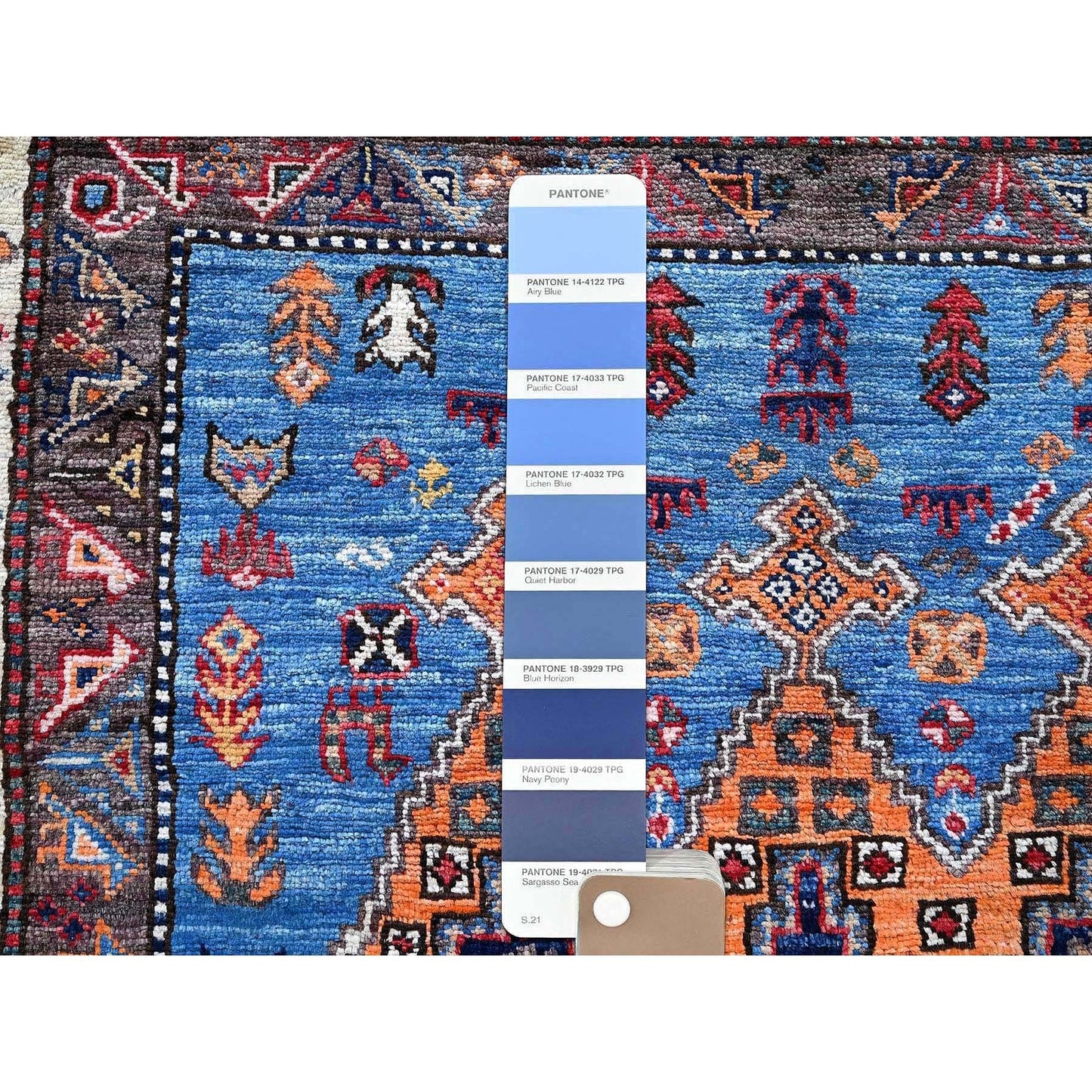 4'X6'4" Blue Afghan Ersari Caucasian Design Revival Hand Knotted Wool Rug