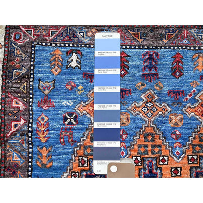 4'X6'4" Blue Afghan Ersari Caucasian Design Revival Hand Knotted Wool Rug