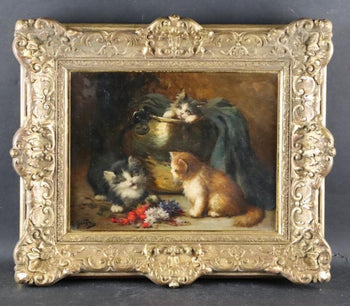 Charming 19Thc Oil Painting Three Kittens Attributed To Charles Hutin Signed