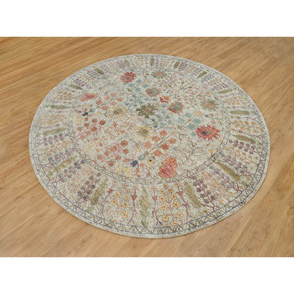 10'X10' Beige Silk And Wool Hand Knotted Directional Vase Round Rug