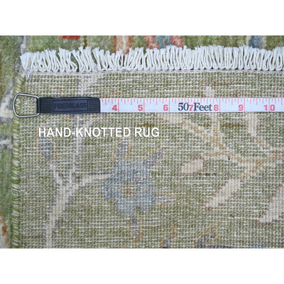 2'7"X8'1" Green Hand Knotted Rug Birds Of Paradise Design Soft Wool Runner