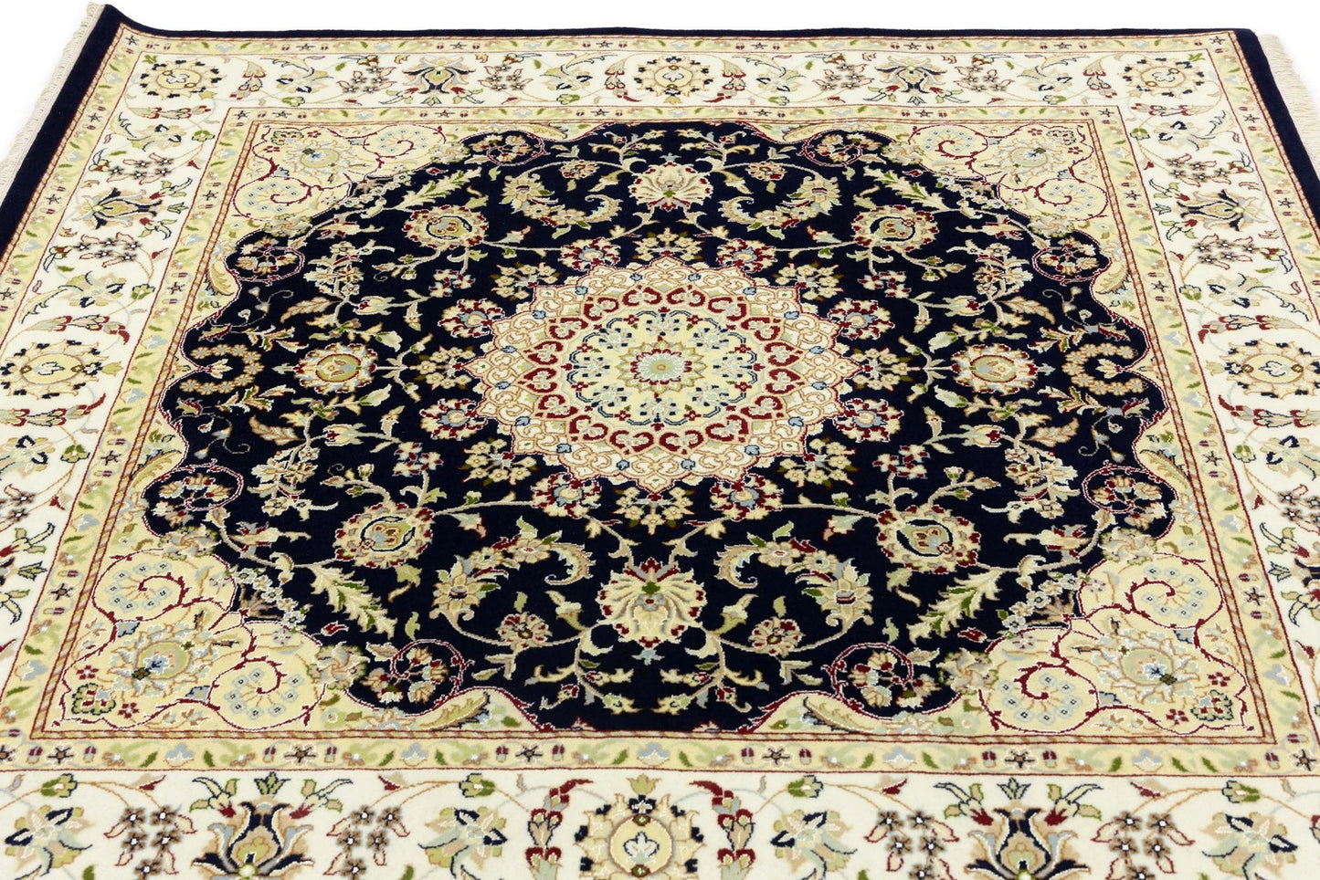 Handmade Navy Floral Classic Indo-Nain Square Rug Oriental Carpet 6x6ft