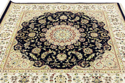 Handmade Navy Floral Classic Indo-Nain Square Rug Oriental Carpet 6x6ft