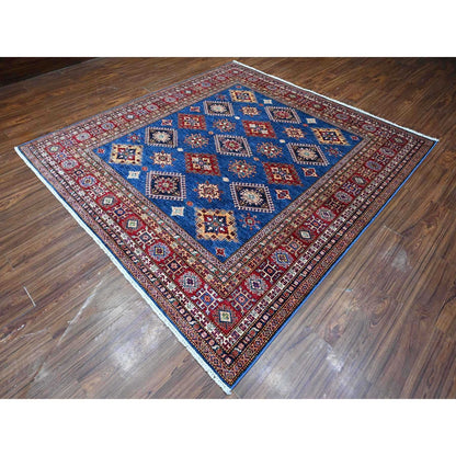 8'X8' Medium Blue Super Kazak Medallions Wool Hand Knotted Oriental Rug