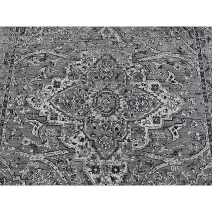 6'X9' Gray Zoroastrian Erased Design Silk With Wool Hand Knotted Rug