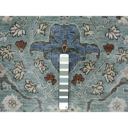 9'X11'9" Teal Green Hand Knotted Oushak With Floral Motifs Soft Wool Rug