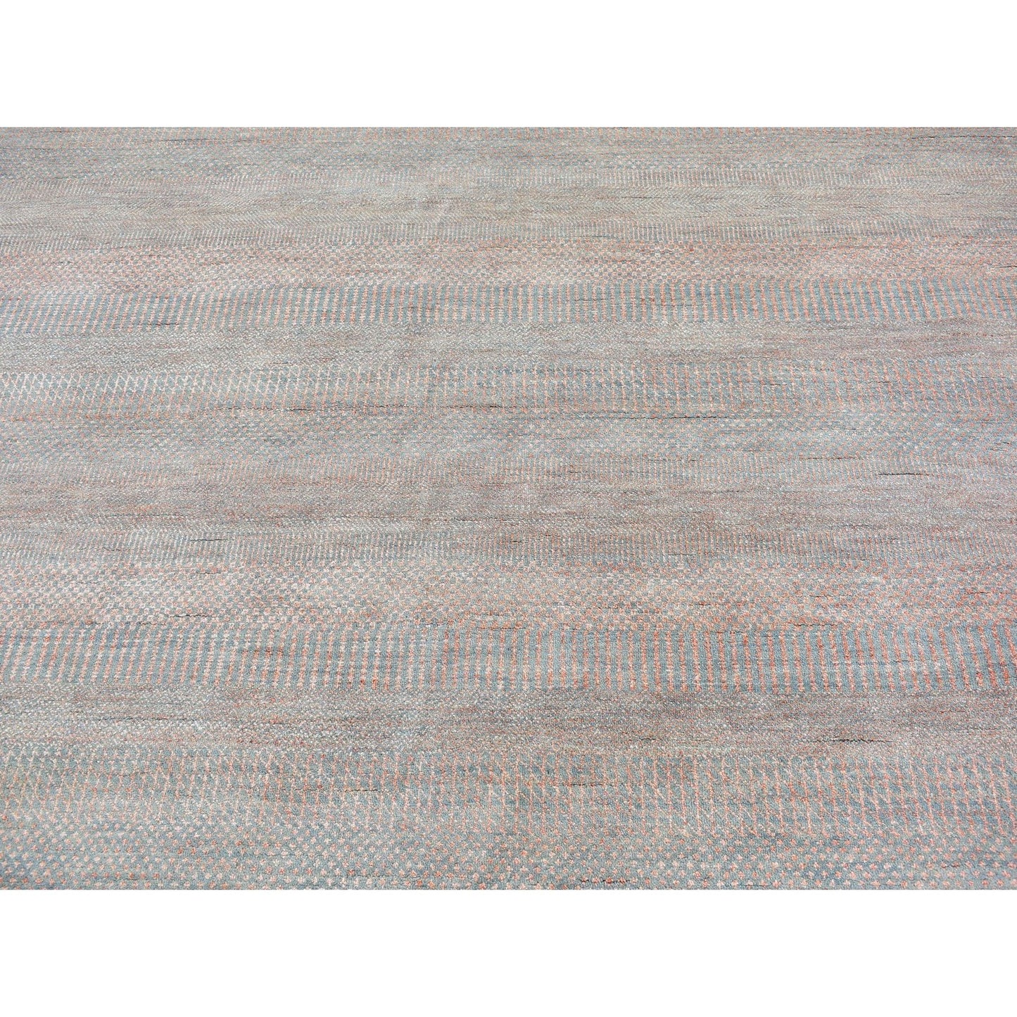 10'X14'2" Blue With Touches Of Peach Grass Design Wool&Silk Hand Made Rug