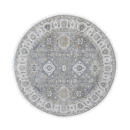 7'X7' Gray And Ivory Hand Knotted Karjihooz Design Soft Wool Round Rug