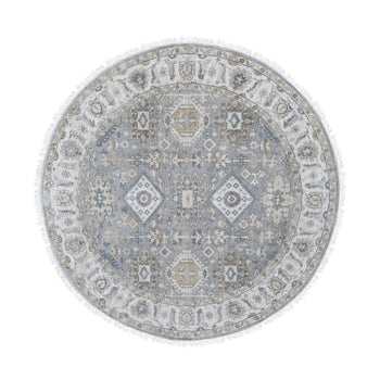7'X7' Gray And Ivory Hand Knotted Karjihooz Design Soft Wool Round Rug