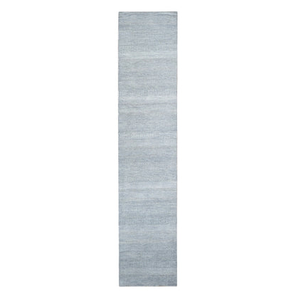 2'6"X12' Blue Grass Design Hand Knotted Wool And Silk Modern Runner Rug