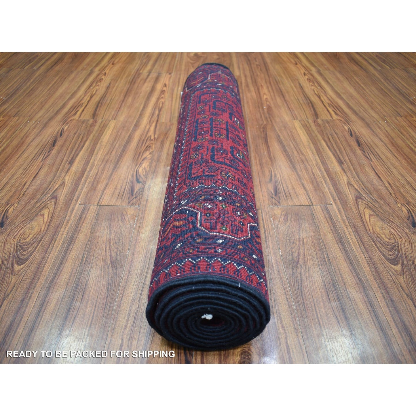 2'10"X9'9" Deep Red Hand Knotted Afghan Khamyab Velvety Wool Runner Rug