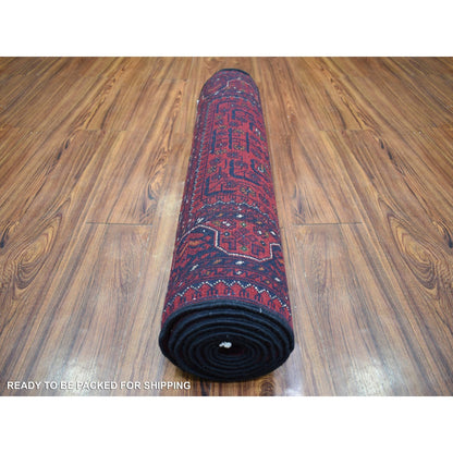 2'10"X9'9" Deep Red Hand Knotted Afghan Khamyab Velvety Wool Runner Rug
