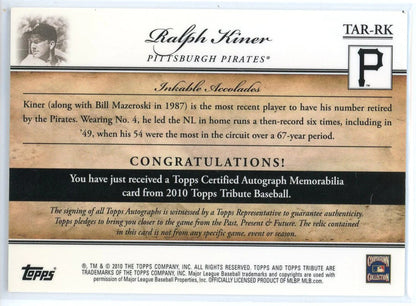 Ralph Kiner Autographed 2010 Topps Tribute Bat Card #Tar-Rk
