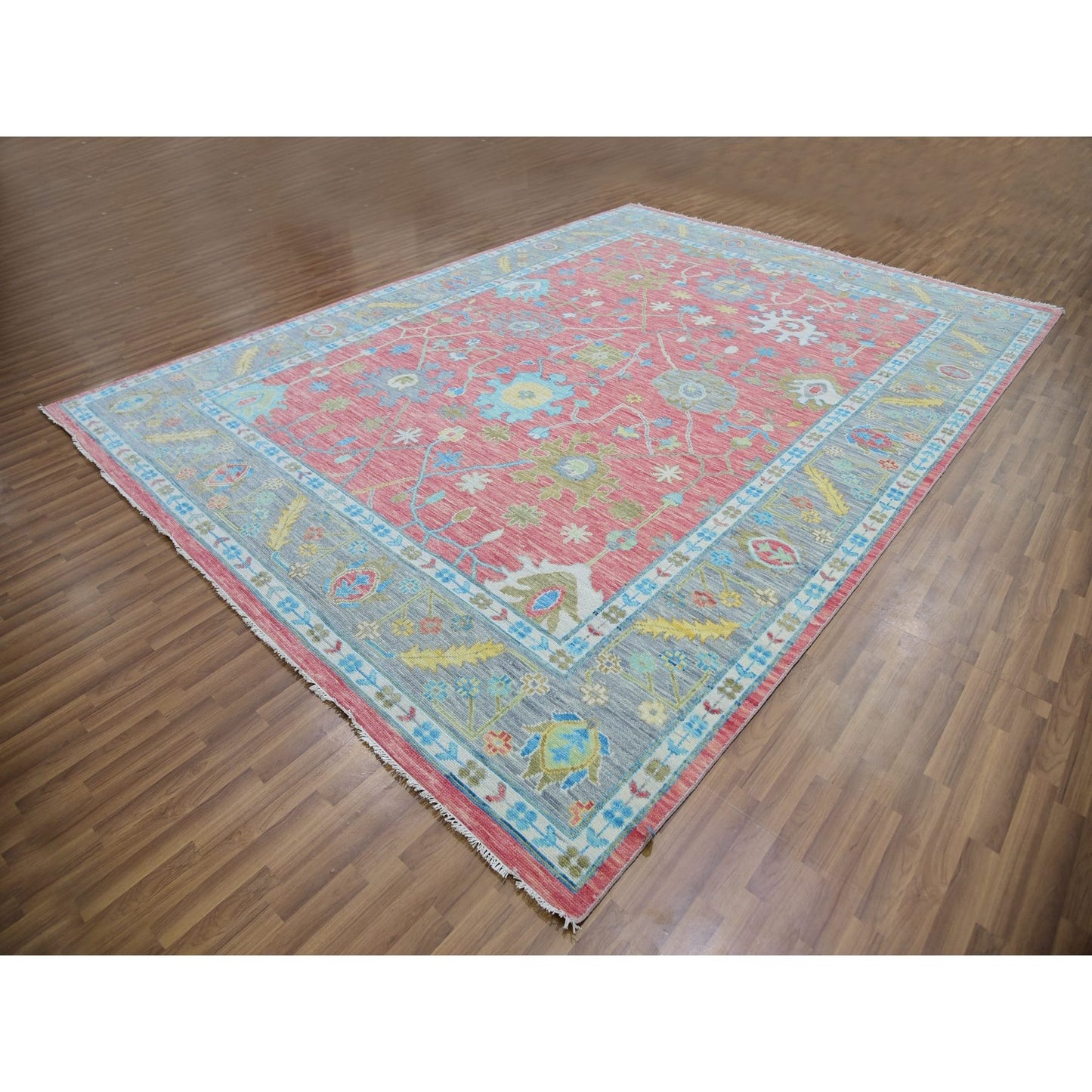 10'1"X14' Coral Pink Hand Knotted Oushak Weave And Design Pure Wool Rug