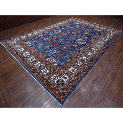 9'10"X13'5" Periwinkle Blue Super Kazak Wool Hand Knotted Geometric Rug