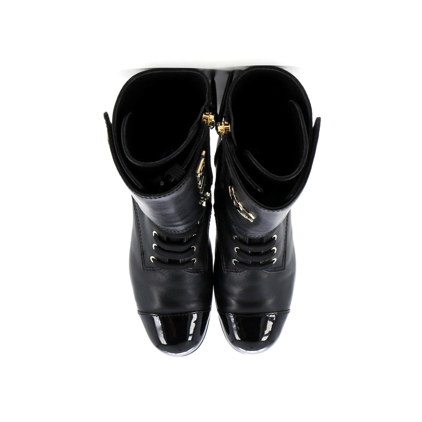 Chanel Women'S Logo Button Snap Cap Toe Boots Leather With Patent