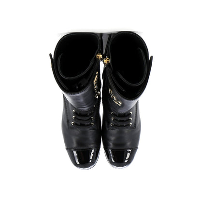 Chanel Women'S Logo Button Snap Cap Toe Boots Leather With Patent