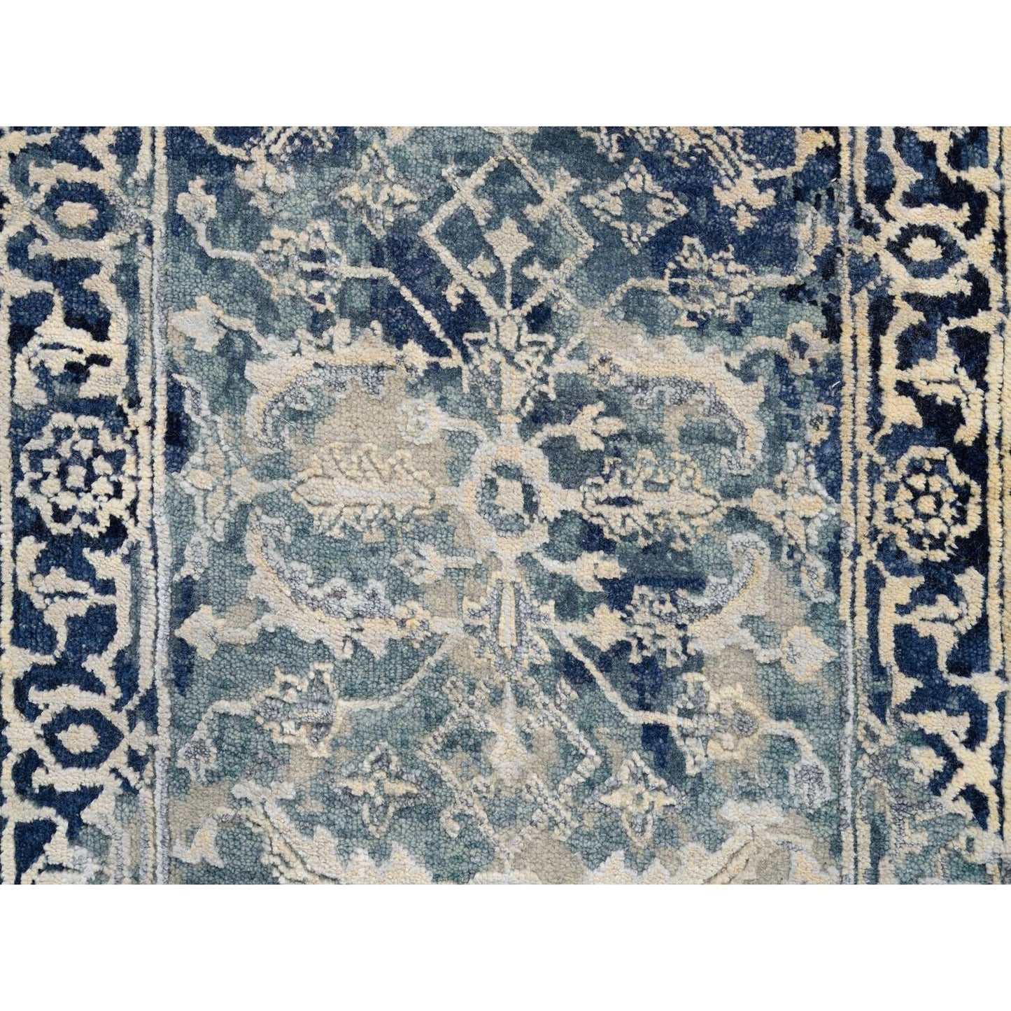 2'X3' Blue-Teal Erased Wool And Silk Hand Knotted Broken Farsian Mat Rug