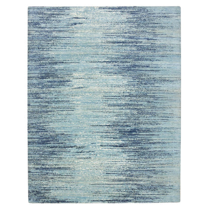 8'1"X10'4" Denim Blue Horizontal Ombre Design Pure Wool Hand Knotted Rug