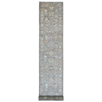 3'2"X23'7" Brown Hand Knotted Angora Oushak Leaf Design Wool Runner Rug