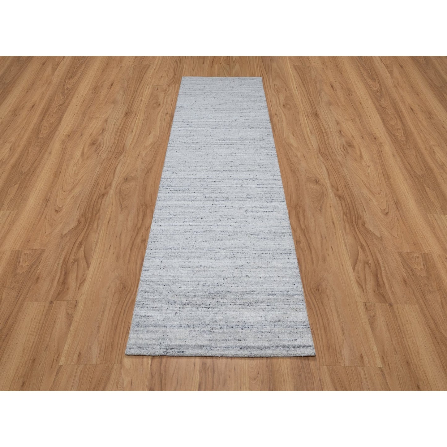 2'7"x8' Cloud Gray Modern Striae Design Pure Wool Hand Loomed Runner Rug