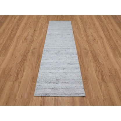 2'7"x8' Cloud Gray Modern Striae Design Pure Wool Hand Loomed Runner Rug