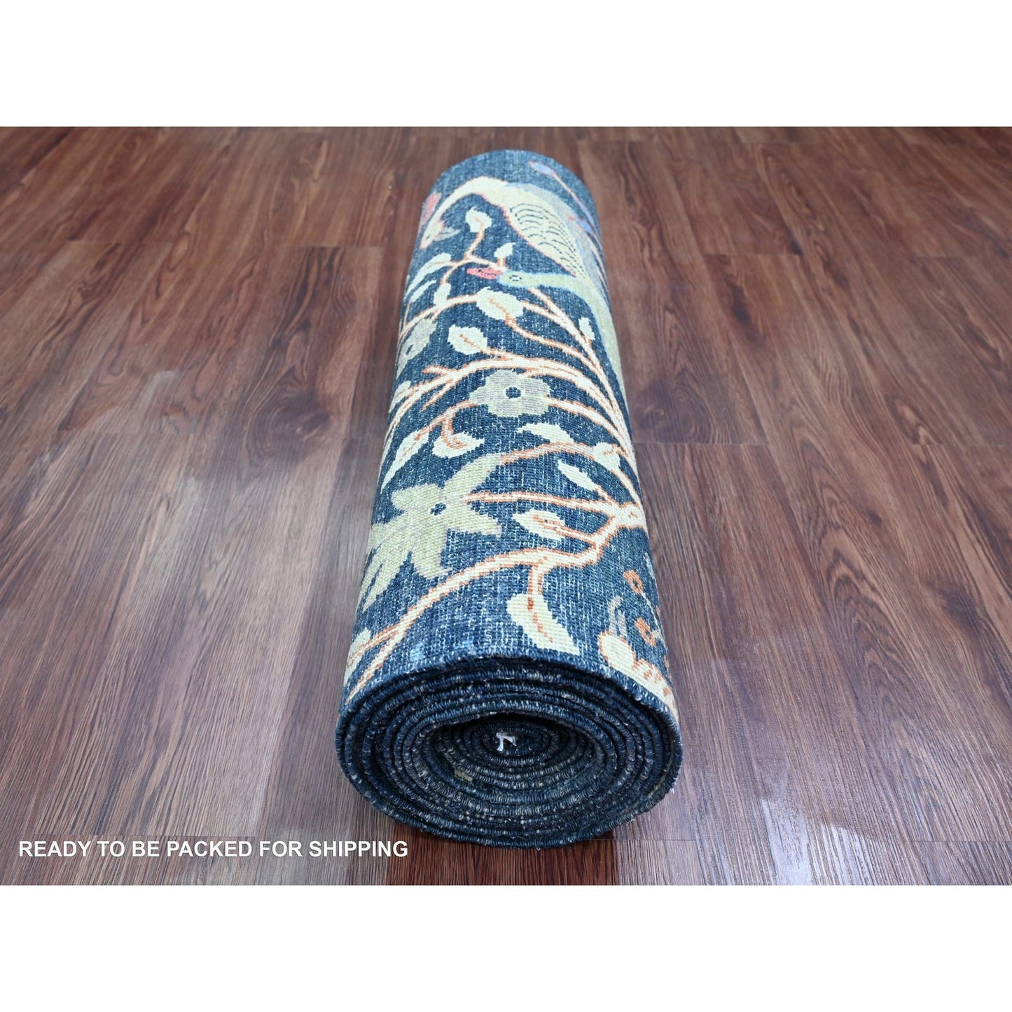2'6"X19'3" Blue Peshawar Birds Design Hand Knotted Soft Wool Runner Rug