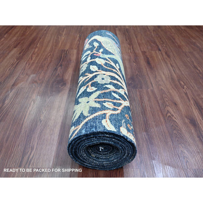 2'6"X19'3" Blue Peshawar Birds Design Hand Knotted Soft Wool Runner Rug