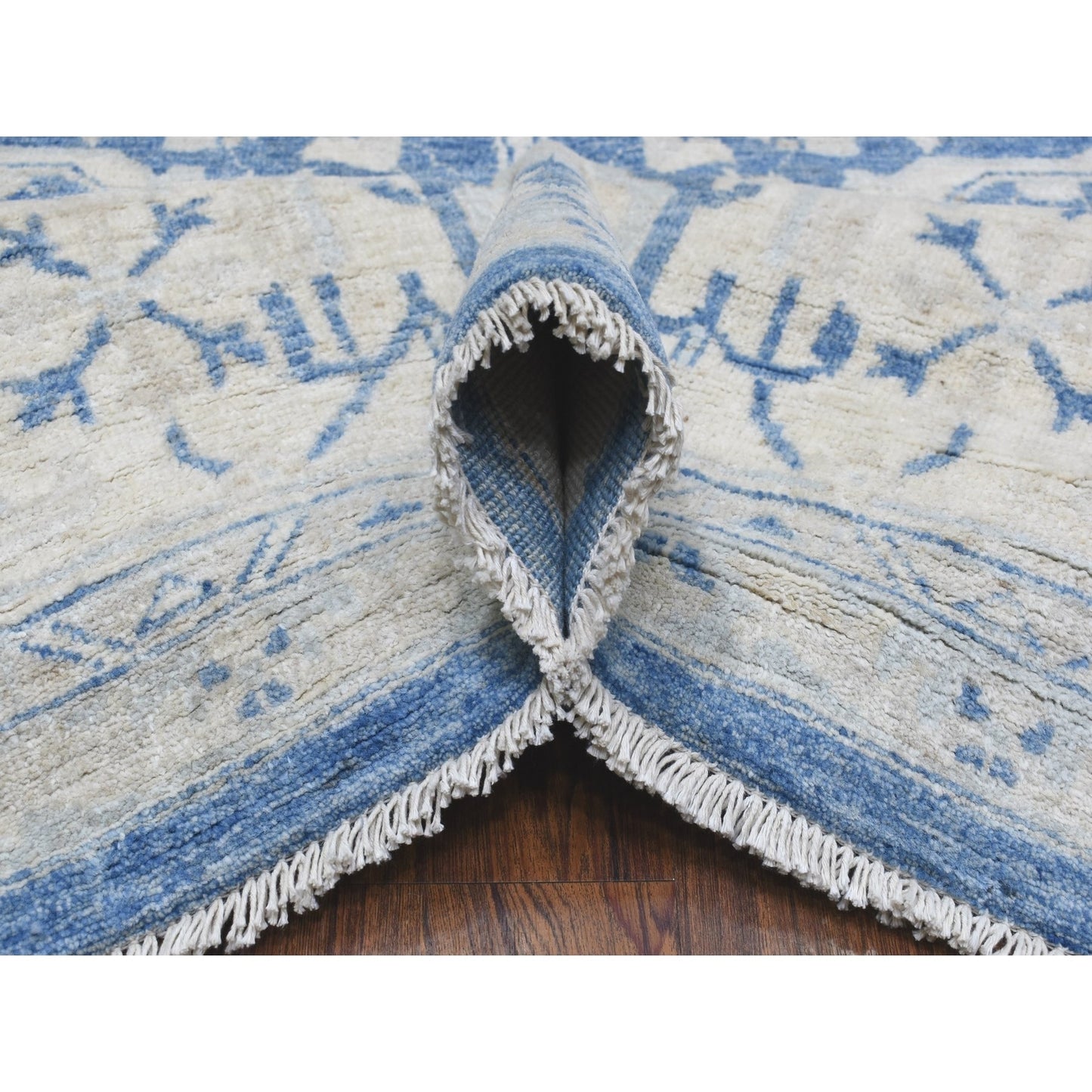 9'8"X13'5" Blue Soft Wool Hand Knotted White Wash Peshawar Rug