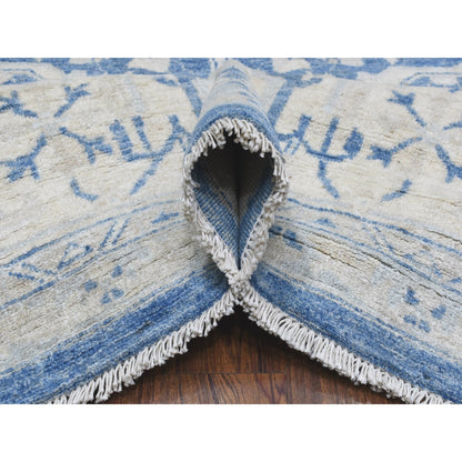 9'8"X13'5" Blue Soft Wool Hand Knotted White Wash Peshawar Rug