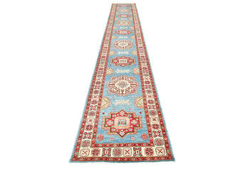 Tribal Geometric Kazak Runner Rug Blue Farmho