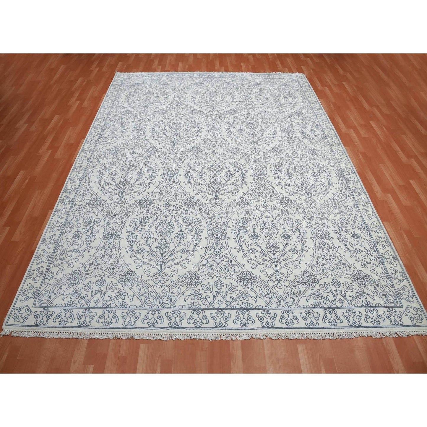 9'4"X11'9" Ivory 100% Cotton Agra Design Hand Knotted Rug