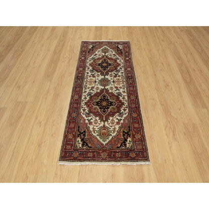 2'7"X6'2" White Wool Antiqued Heris Re-Creation Hand Knotted Runner Rug