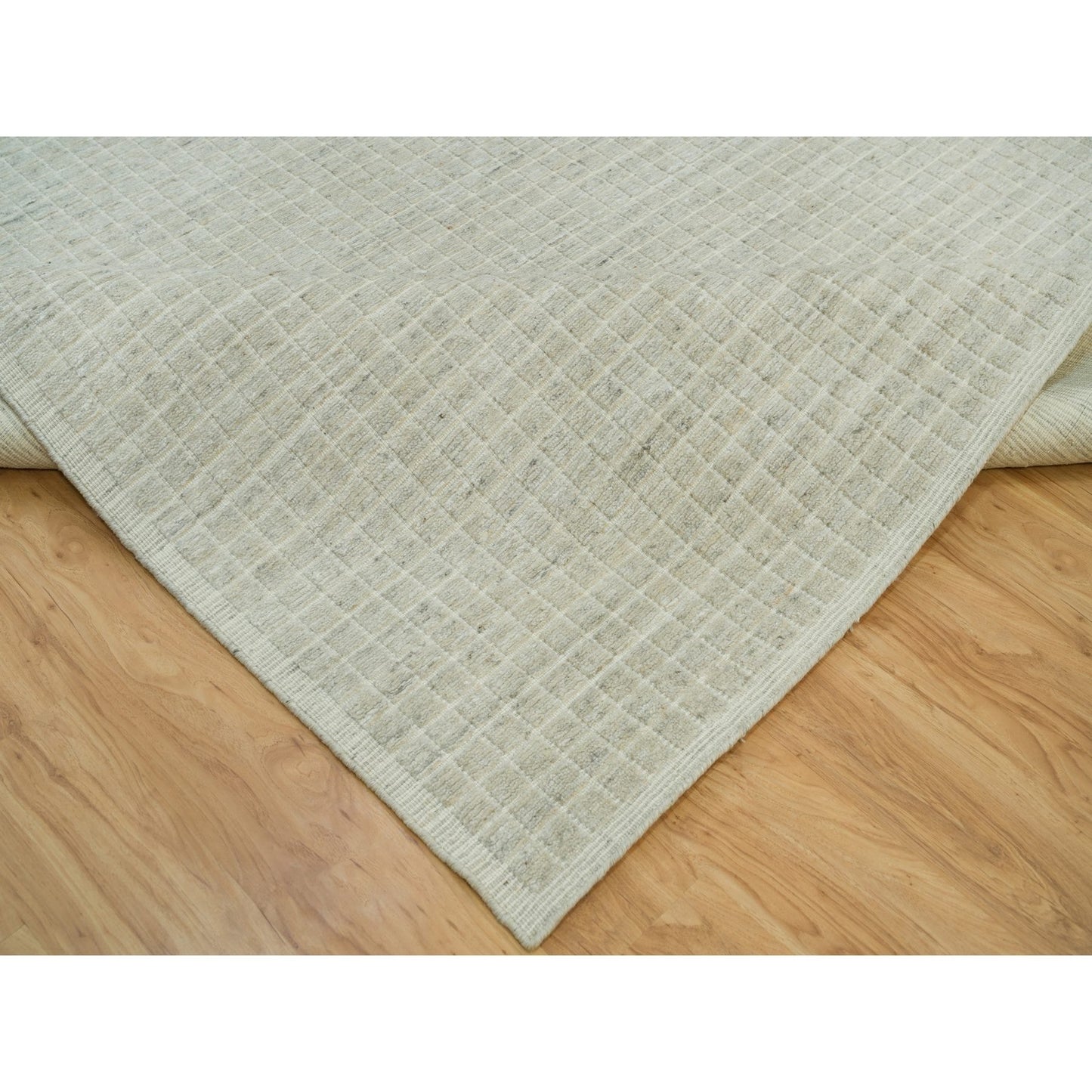 10'X13'9" Ivory Plain Decor Modern Box Design Loomed Knotted Wool Rug