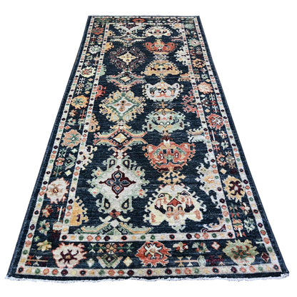 4'3"X9'7" Black Velevty Wool Angora Oushak Hand Knotted Wide Runner Rug