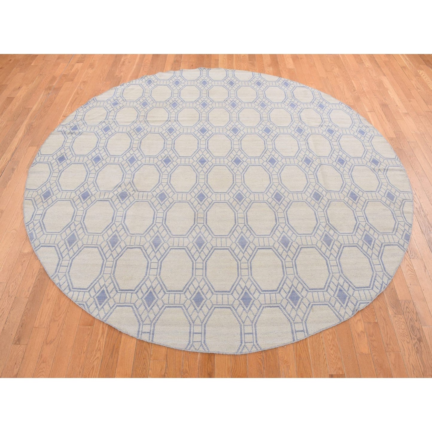 9'8"X9'8" White Wool Hand Woven Flat Weave Kilim Reversible Round Rug