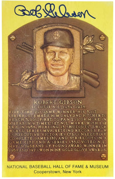 Bob Gibson Autographed Hall Of Fame Plaque Postcard