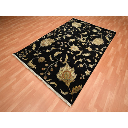 5'10"X8'10" Black Botanical Design Wool & Silk Hand Knotted Oriental Rug
